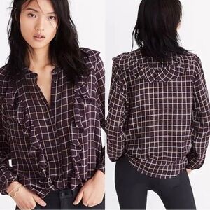 Madewell Blouse Plaid Ruffle-Front Top Button Up Long Sleeve Wool Blend XS